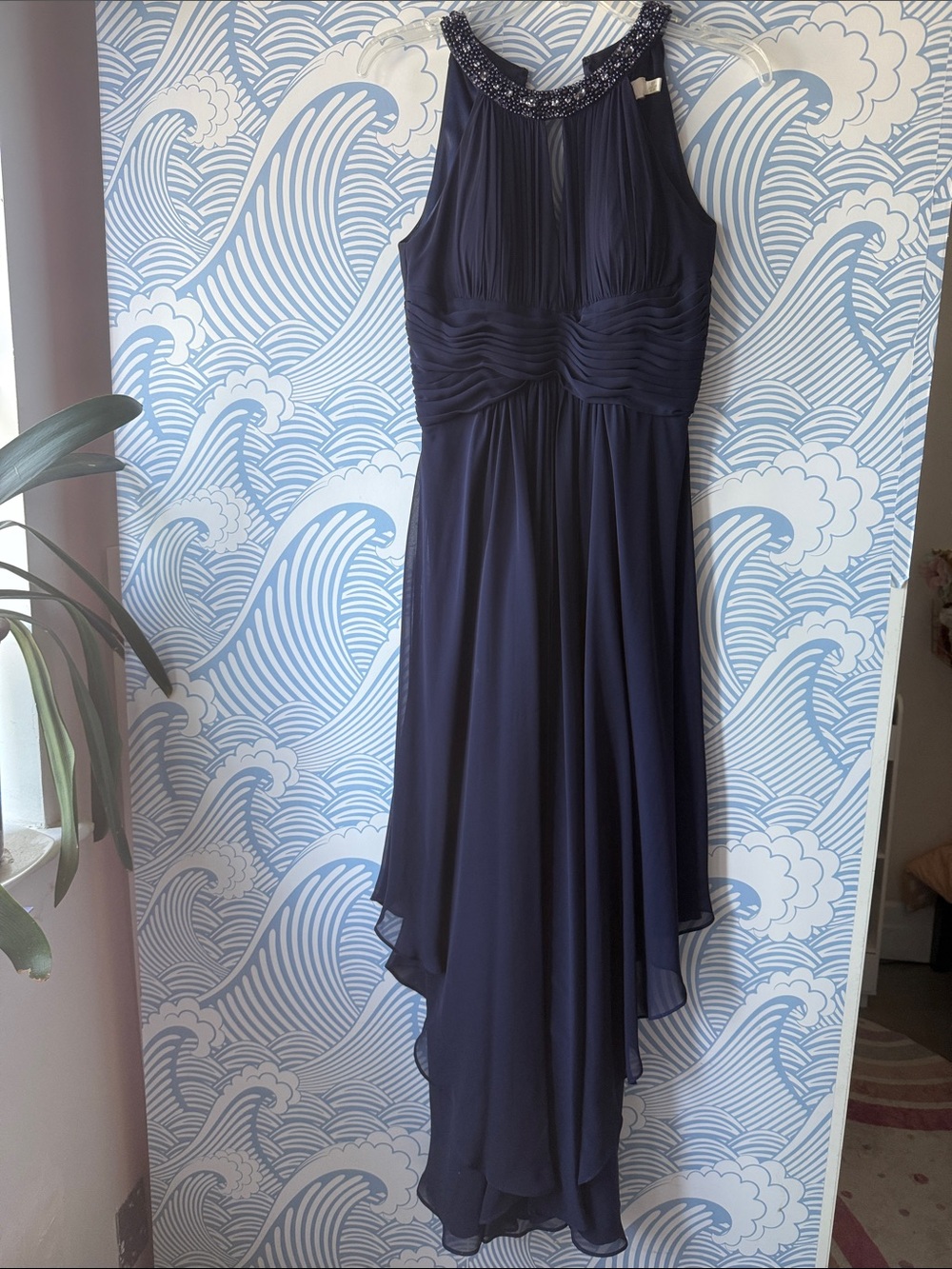 Eliza J Navy Beaded High-Low Chiffon Gown